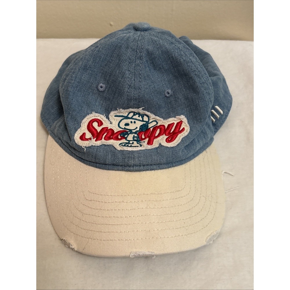 Peanuts Snoopy Distressed Denim Look Baseball Hat Blue Cream Strapback Mens OS